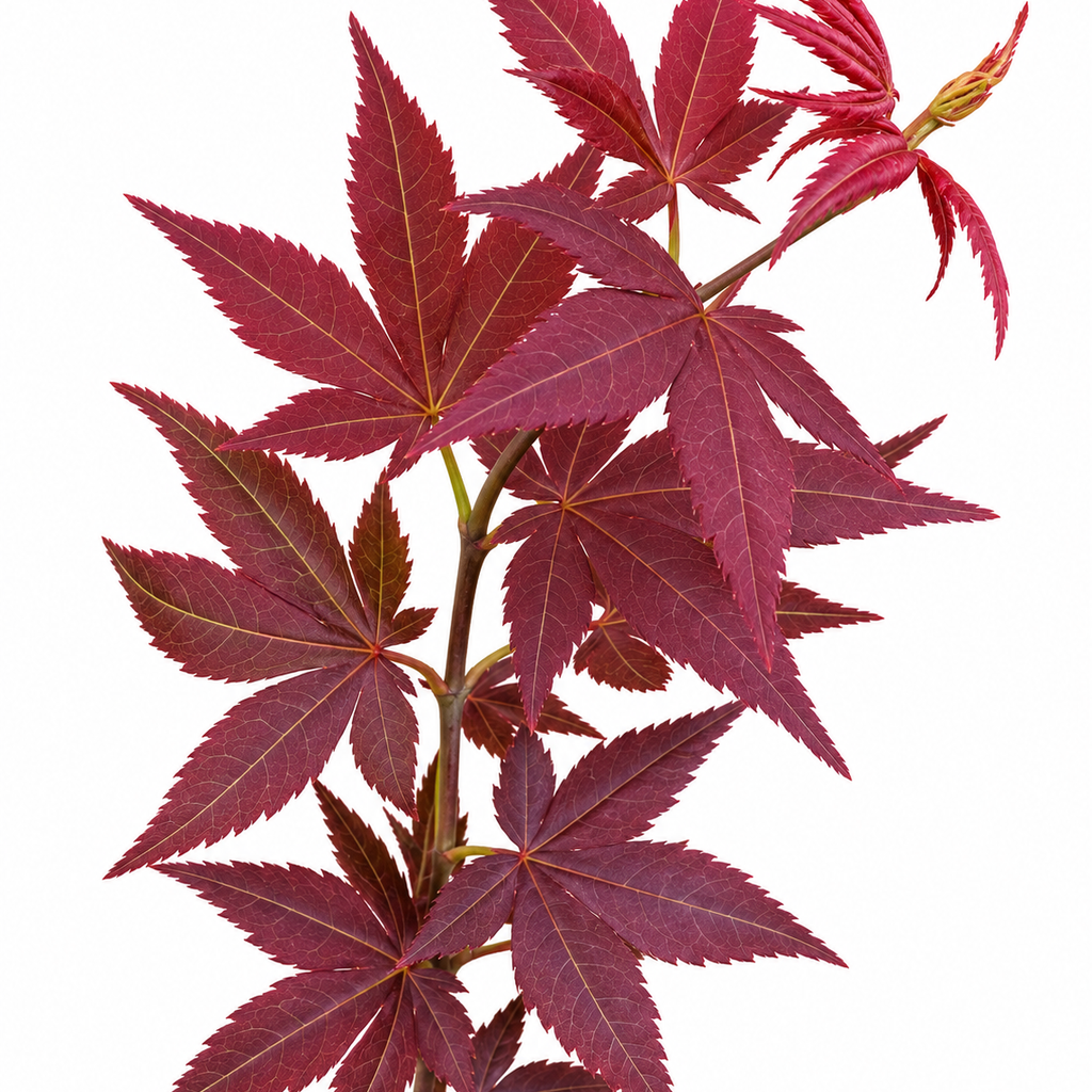 A Japanese maple branch with deep burgundy-red foliage, isolated on a solid white background.