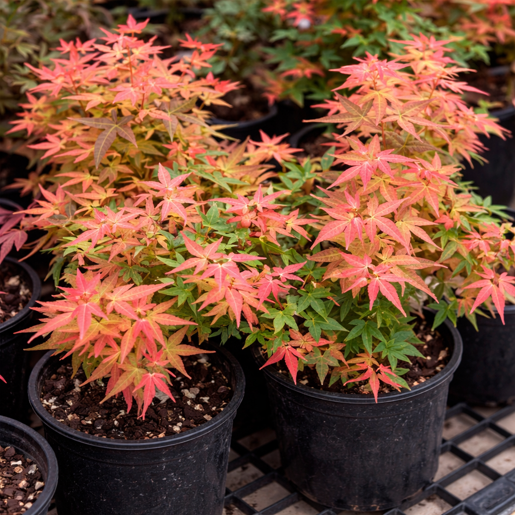 Potted plants with red and green leaves on a grid background