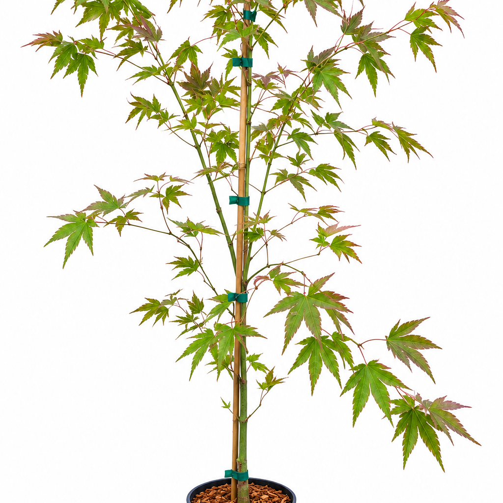 Acer palmatum 'Chuguji' Japanese maple in a #1 nursery container, showing large palmate leaves with distinctive red tipping on new spring growth
