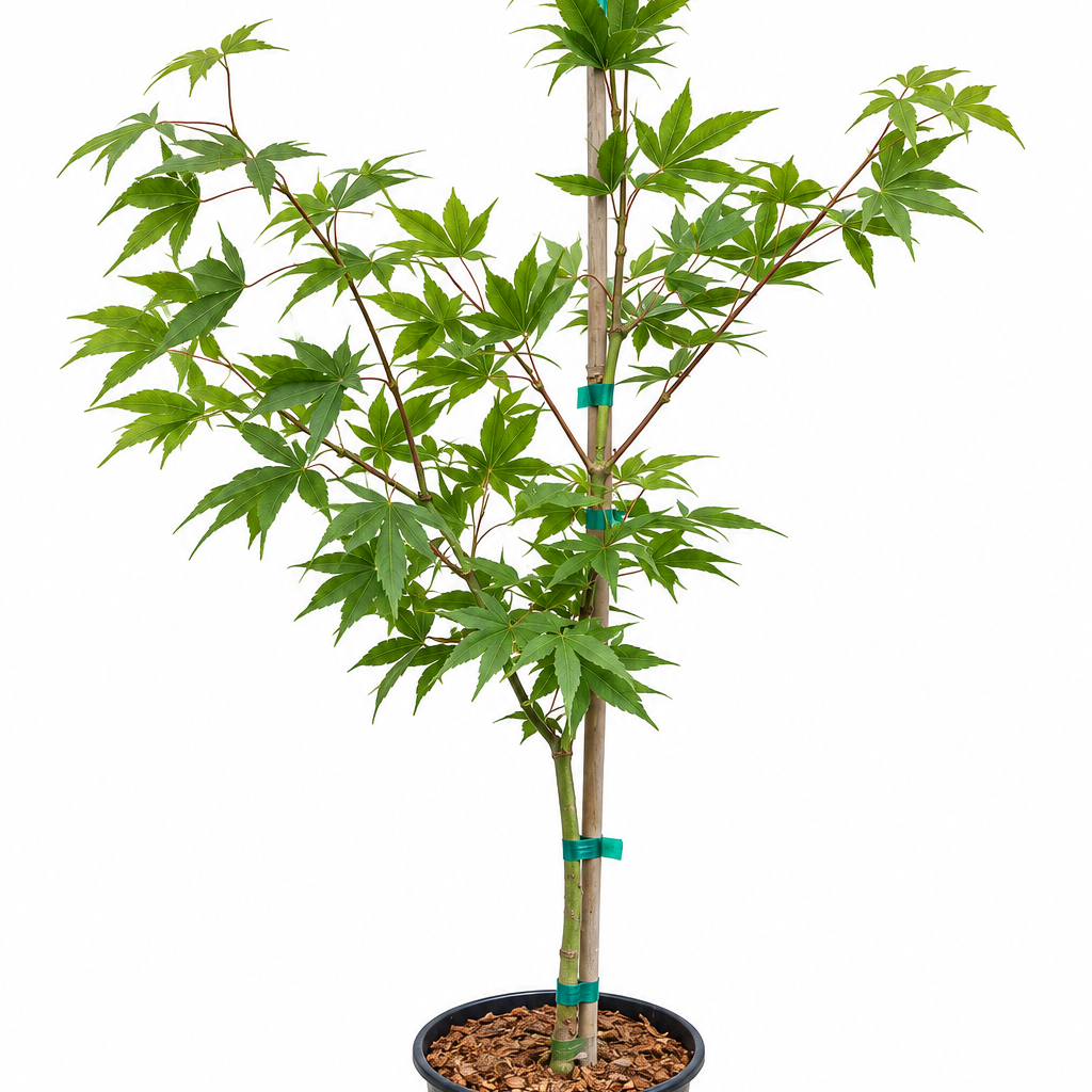 Acer palmatum 'Ichigyoji' Japanese maple in a #1 nursery container, showing classic broad green amoenum palmate foliage on a staked upright plant with well-developed branching