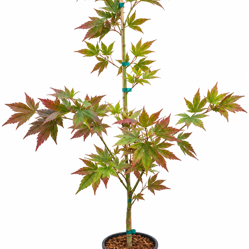 Acer palmatum 'Iijima Sunago' Japanese maple in a #1 nursery container, showing characteristic multi-season foliage with yellow-green new growth and mauve brick-red older leaves on a staked upright plant