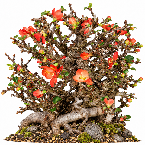 A Red 'Chojubai' Quince plant with vibrant ruby flowers and craggy branches indicative of its Bonsai style.