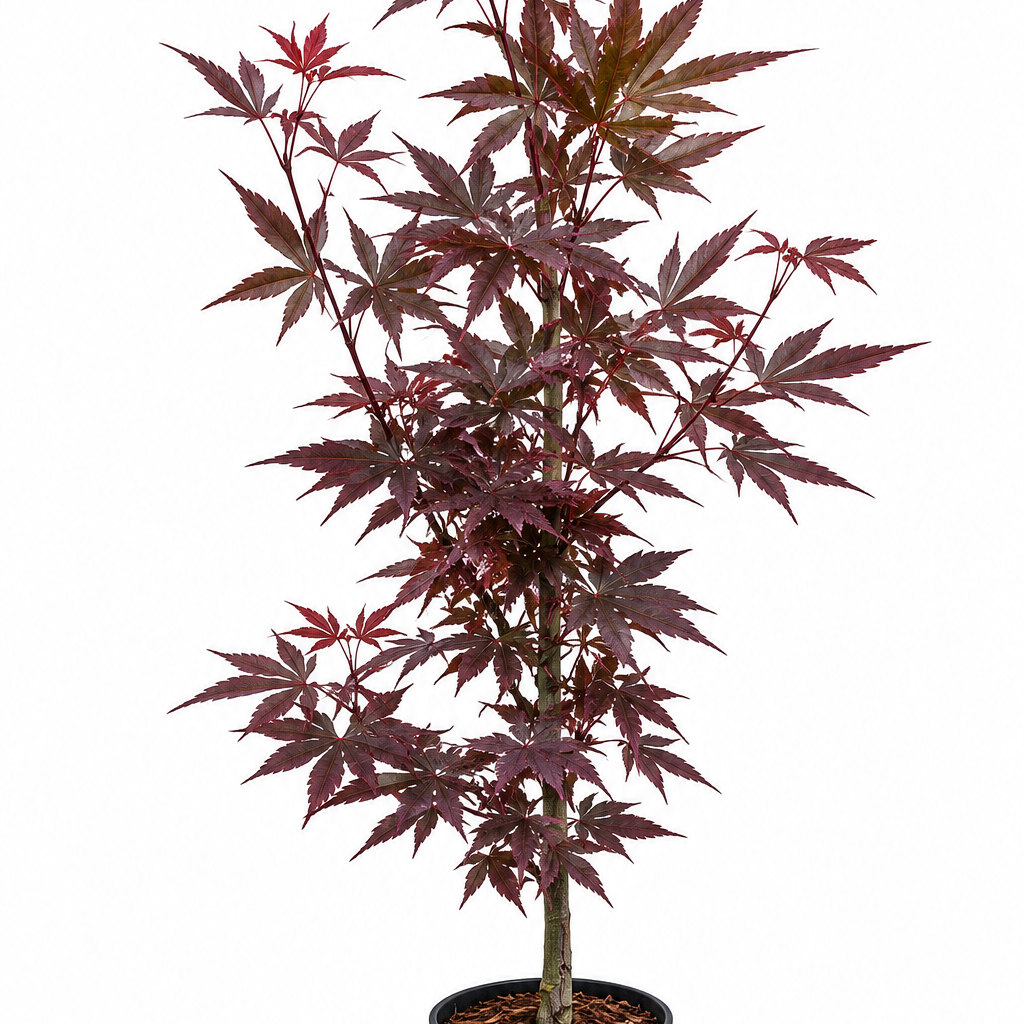 Acer palmatum 'Skeeter's Broom' Japanese maple in a #1 nursery container, showing dense maroon foliage with bright red new growth tips on a tall, narrow upright columnar plant