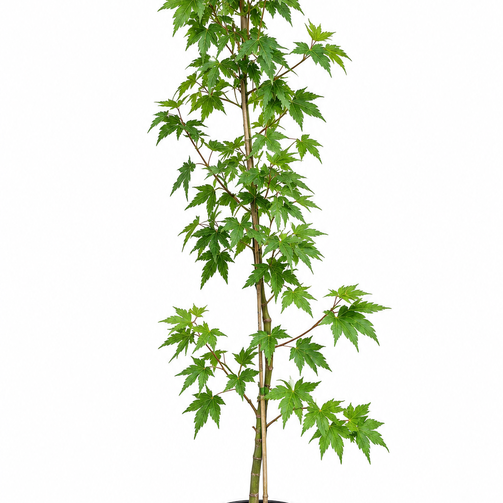 Acer palmatum 'Takao' Japanese maple in a #1 XL nursery container, showing lush large green palmatum foliage on a tall upright multi-stem plant with classic Japanese maple branching structure

