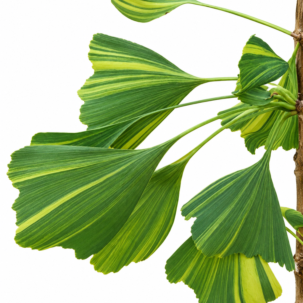 Close-up of Ginkgo biloba 'Roswitha' branch showing creamy yellow and deep green variegated fan-shaped leaves with characteristic striped pattern