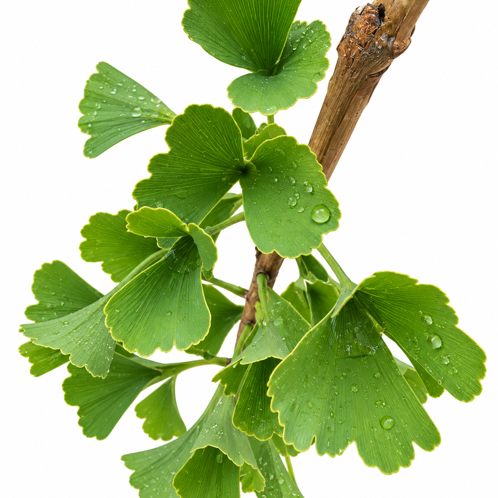 Close-up of Ginkgo biloba 'Tubiformis' branch with fresh green fan-shaped leaves and water droplets