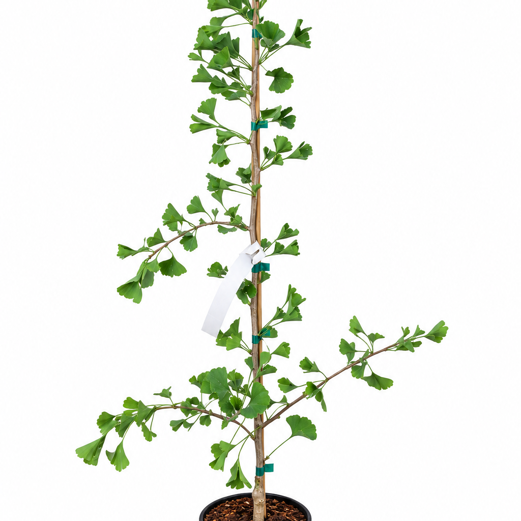 Ginkgo biloba 'Tubiformis' full plant showing upright form with fan-shaped green foliage in a 1 gallon nursery pot
