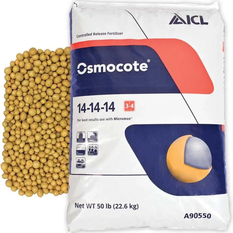 Osmocote fertilizer package with yellow pellets on a white background