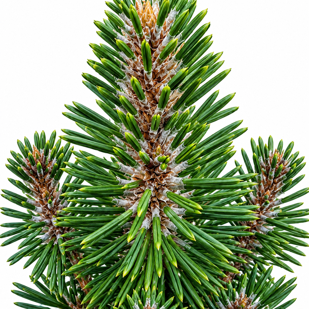 Close-up of Pinus thunbergii 'Kotobuki' apex showing dense dark gray-green needle clusters with pale spring candles emerging from branch tips