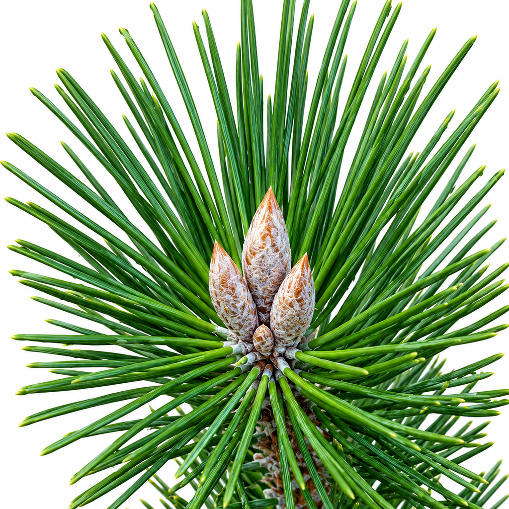 Close-up of Pinus thunbergii 'Yatsubusa' branch tip showing characteristic multiple candles emerging from a single node surrounded by dark green needles